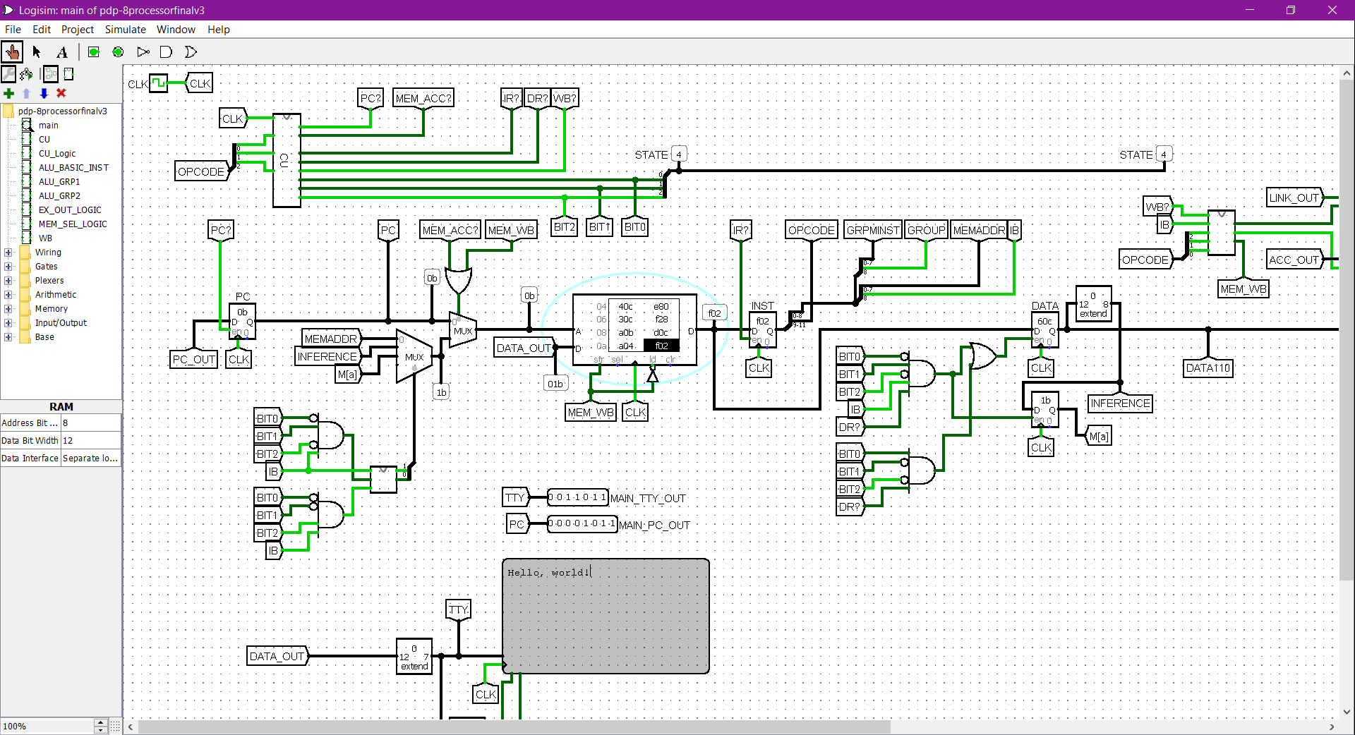 Logisim screenshot of the PDP-8 Simulation.
